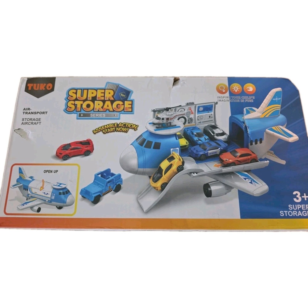 Compact Airplane Cargo Toy Set with 4 Cars & Helicopter New